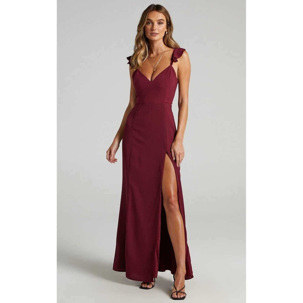 Showpo Burgundy Maxi Dress with Side Thigh Slit